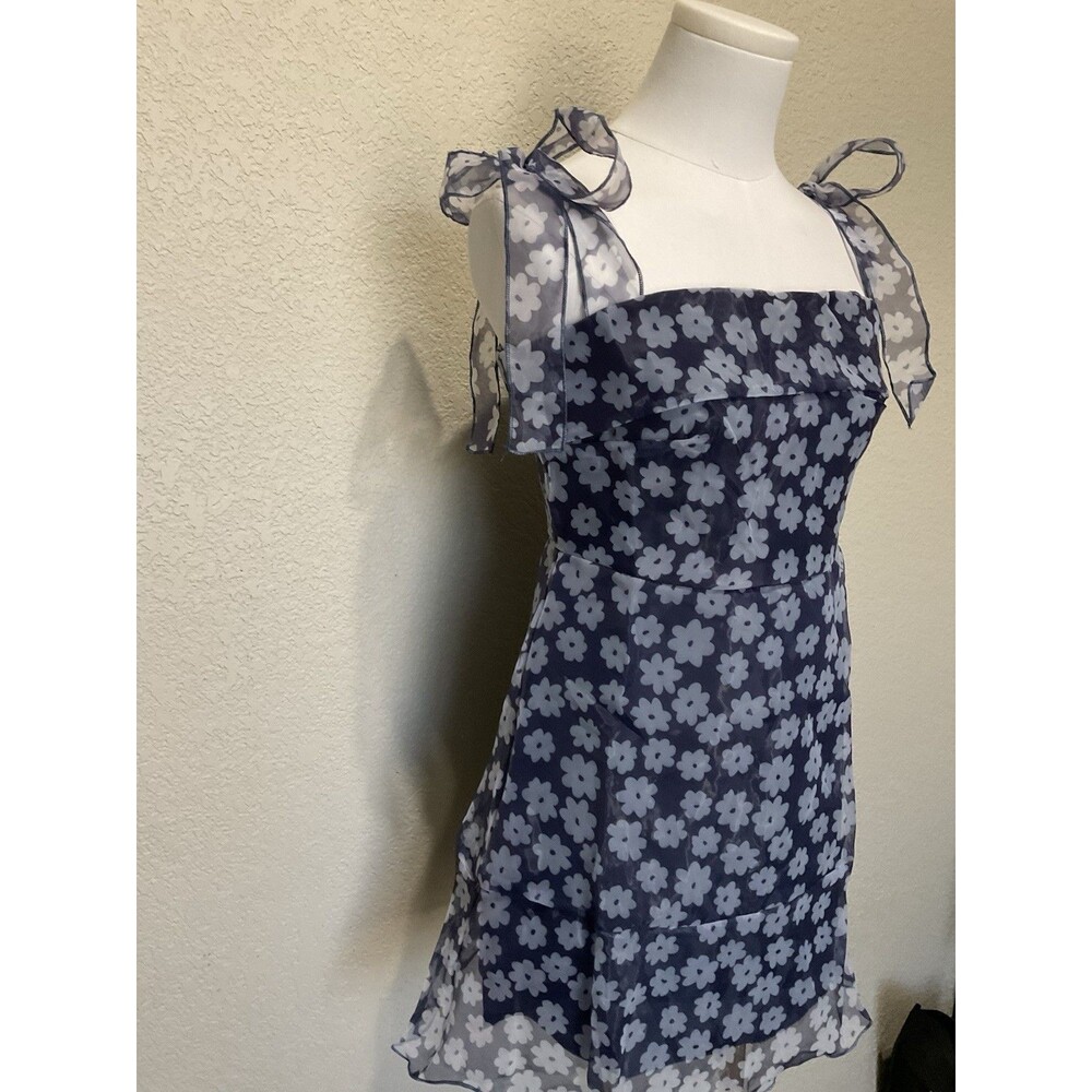 Women’s, Short Dress, Tie Shoulders, Navy Blue, Light Blue Flowers, Size: S - Picture 3 of 9